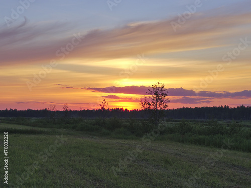 Beautiful vivid sunset over rural fields and forest. Natural background.