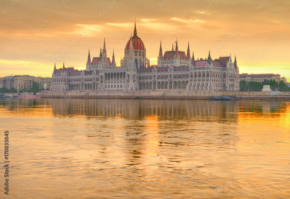 Parliament building in Budapest on a golden sunrise