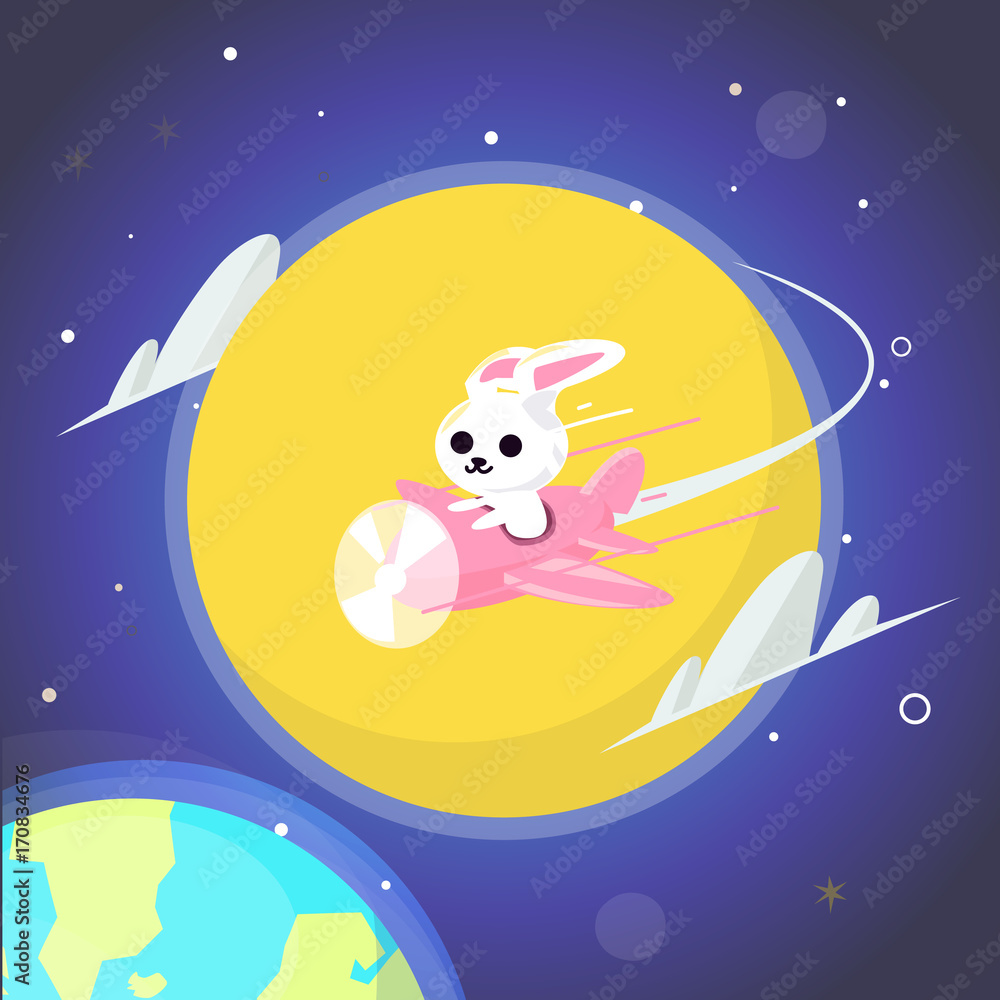 Fototapeta premium Rabbit in plane flying around the moon. rabbit on moon cocnept - vector