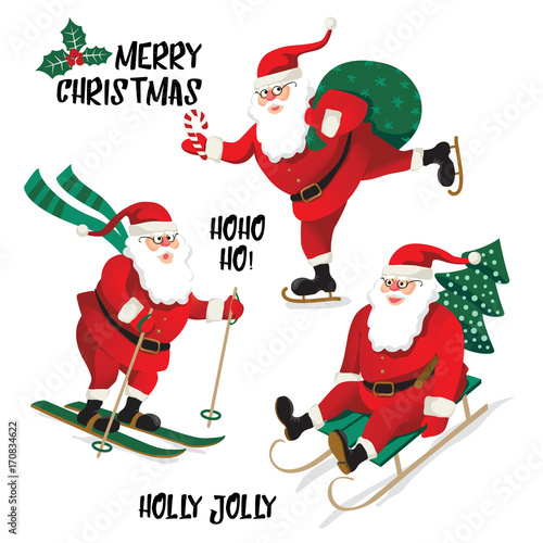 Santa Clause going to celebration Christmas. Characters set. Holiday vector illustration