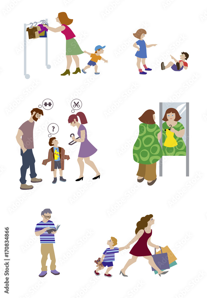People with children in clothing store bei try-on. Vector illustration of characters set flat style isolated on white background.
