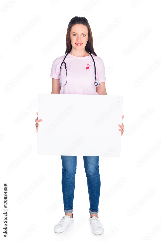 woman with blank banner