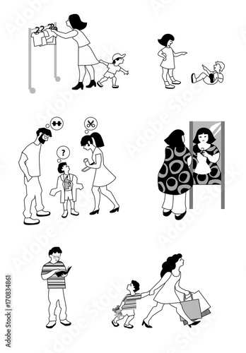 People with children in clothing store bei try-on. Vector illustration of characters set flat style isolated on white background.
