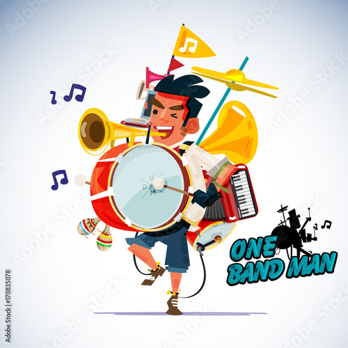 one man band character design. instrument concept - vector