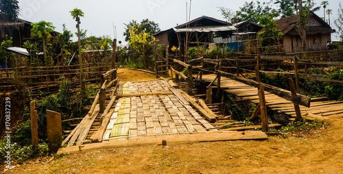 Old shaky wooden bridge Pyin Oo Lwin burma myanmar