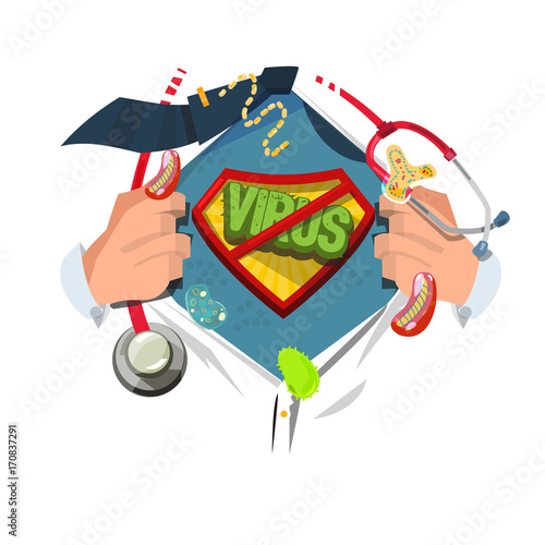 man open shirt to show virus typographic in hero style - vector