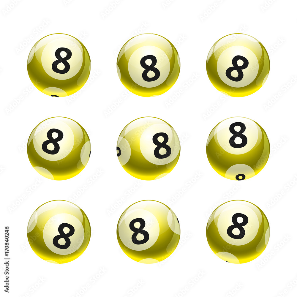 Obraz premium Vector Bingo / Lottery Number Balls Set Isolated on White Background- Gold / Yellow Theme- No. 8
