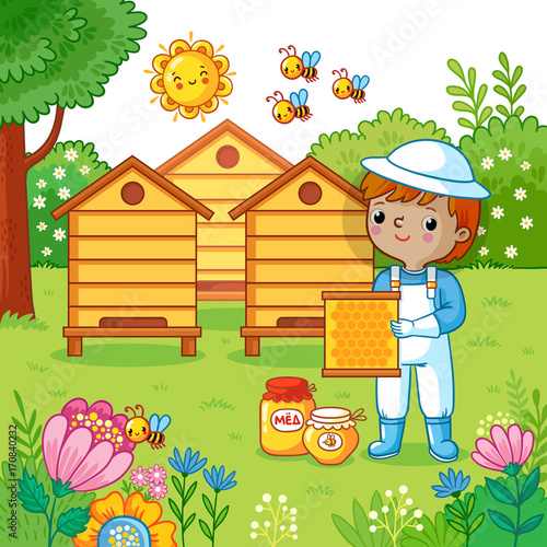 Boy collects honey on a bee apiary. Vector illustration in childrens cartoon style.