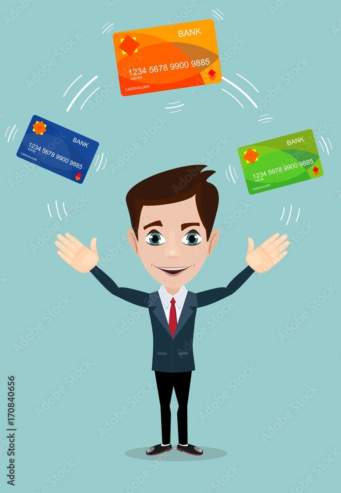 Man in suit shows plastic cards. Bank selection concept, conditions of deposits and credits. Vector, illustration, flat Man in suit shows plastic cards. Bank selection concept, conditions of deposits and credits. Vector, illustration, flat