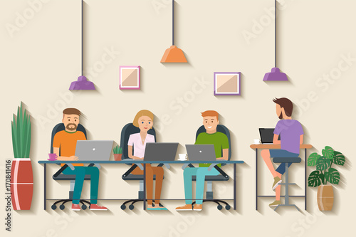 Vector illustration of coworking space. Working place, office. People working in the  office. Flat design.