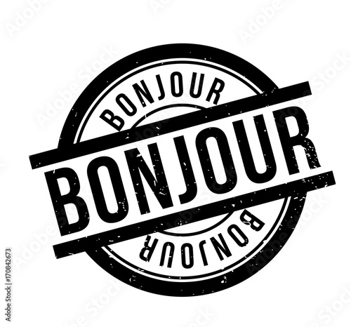 Bonjour rubber stamp. Grunge design with dust scratches. Effects can be easily removed for a clean, crisp look. Color is easily changed.