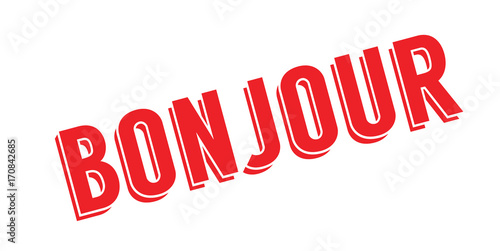 Bonjour rubber stamp. Grunge design with dust scratches. Effects can be easily removed for a clean, crisp look. Color is easily changed.
