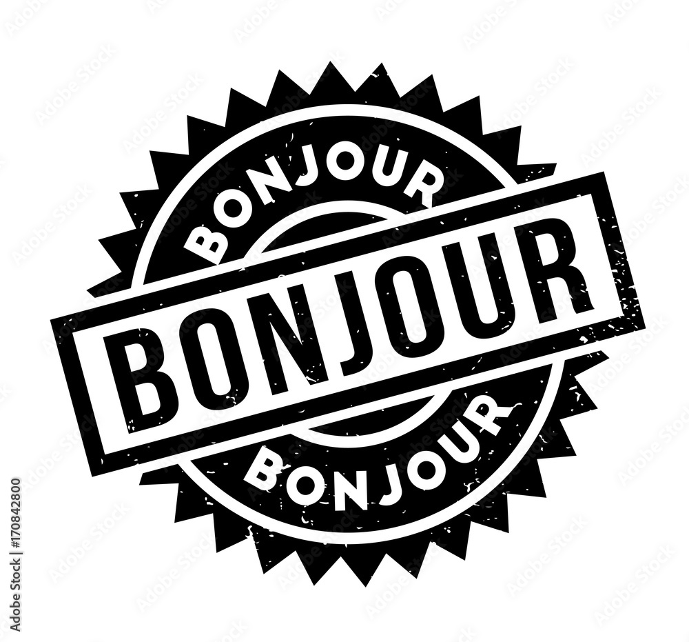 Bonjour rubber stamp. Grunge design with dust scratches. Effects can be easily removed for a clean, crisp look. Color is easily changed.