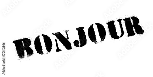 Bonjour rubber stamp. Grunge design with dust scratches. Effects can be easily removed for a clean, crisp look. Color is easily changed.