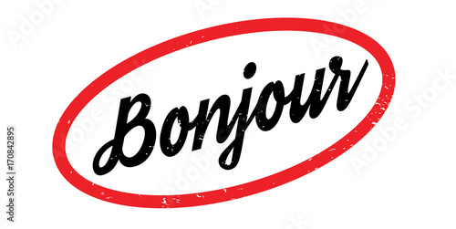Bonjour rubber stamp. Grunge design with dust scratches. Effects can be easily removed for a clean, crisp look. Color is easily changed.