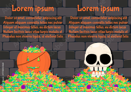 Happy Halloween. Pumpkin and white skull on a pile of candy. Vector illustration