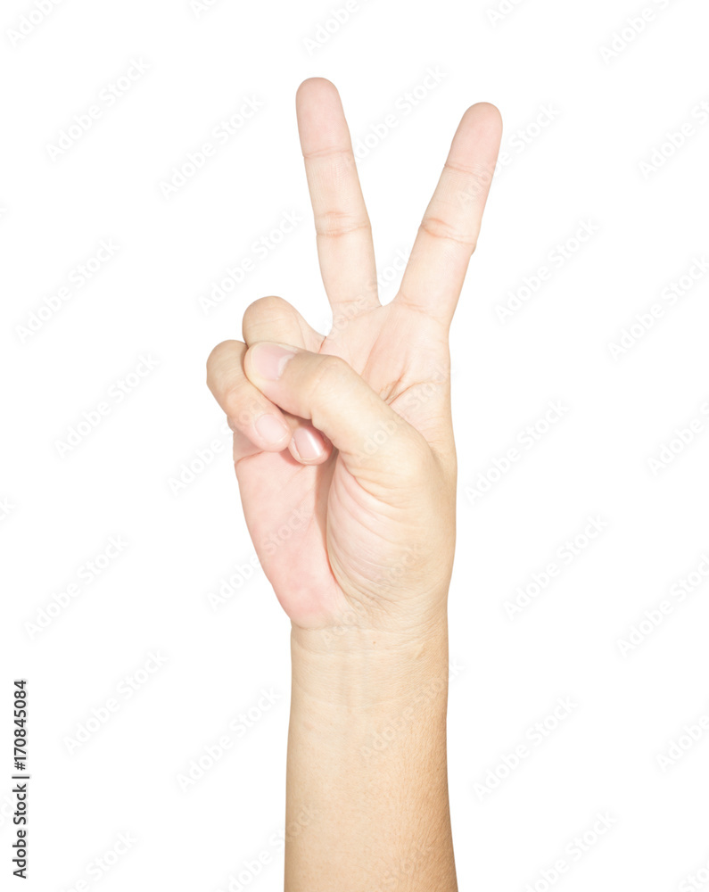 Closeup of female hand showing victory sign isolated on white background. Young woman shows 2 fingers, clipping path Closeup of female hand showing victory sign isolated on white background. Young woman shows 2 fingers, clipping path