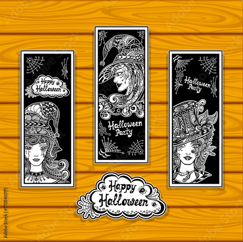 Set creative bookmarks for coloring on Halloween with witches black and white or creative stickers or for banners