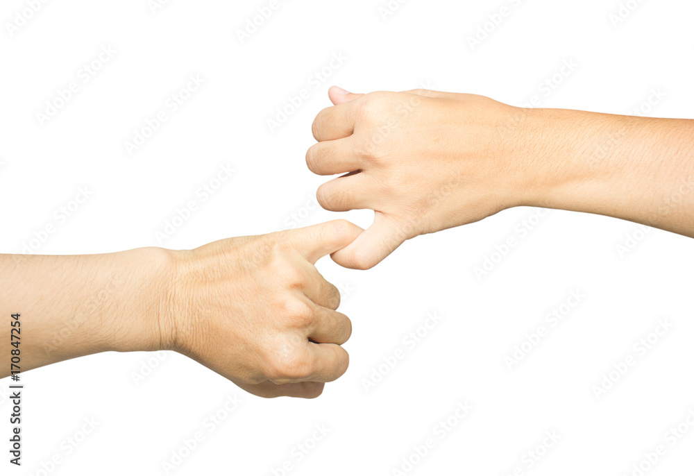 Female and male hands reconcile with clasping each other's little finger isolated on white, concept of promise Female and male hands reconcile with clasping each other's little finger isolated on white, concept of promise