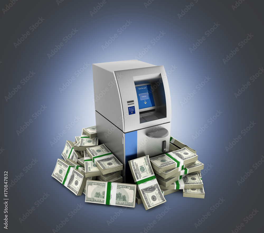 ATM surrounded by 100 dollar bankrolls Bank Cash Machine in pile of money american dollar bills isolated on blue gradient background 3d ATM surrounded by 100 dollar bankrolls Bank Cash Machine in pile of money american dollar bills isolated on blue gradient background 3d