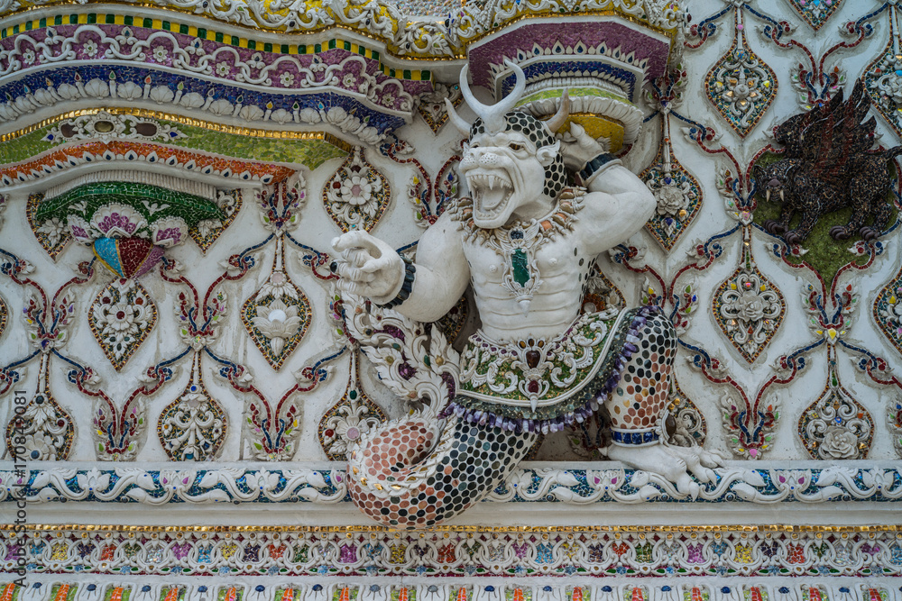 High Relief Sculpture of animal and monster decorated with ceramic, Wat Pariwat Temple,Bangkok,Thailand