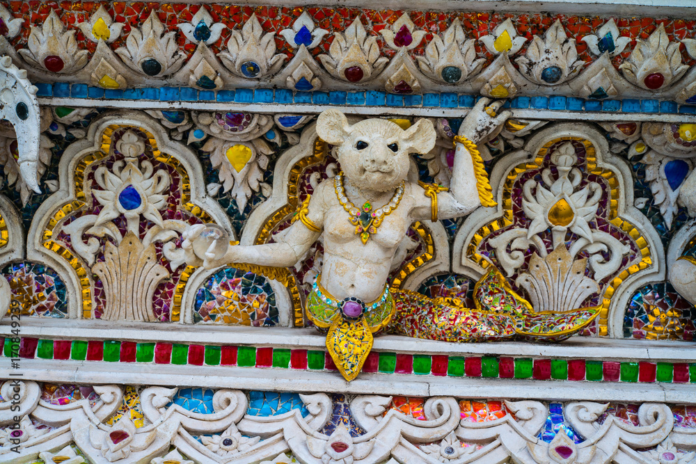 High Relief Sculpture of animal and monster decorated with ceramic, Wat Pariwat Temple,Bangkok,Thailand