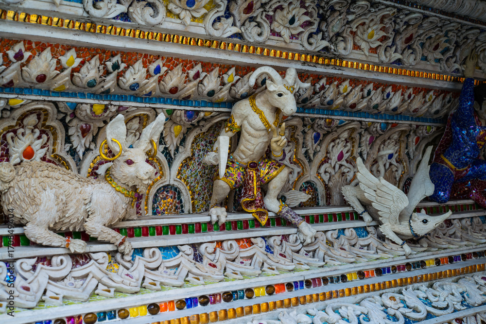 High Relief Sculpture of animal and monster decorated with ceramic, Wat Pariwat Temple,Bangkok,Thailand