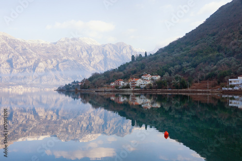 Winter day in Montenegro. View of the Kotor Bay near seaside village of Stoliv