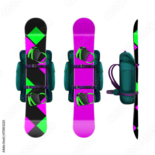 Snowboards with bindings and backpack