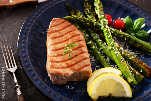 Grilled Tuna steak with roasted asparagus and parmesan