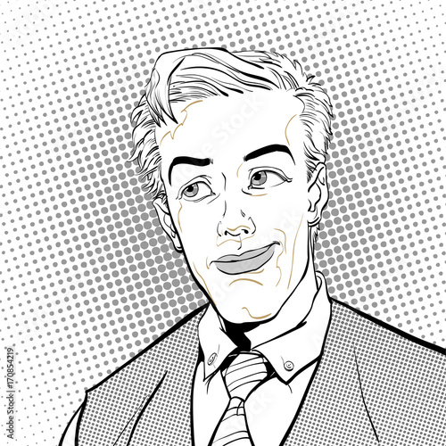 Portrait of surprised man. Surprised businessman. Surprised man. Pop art retro style illustration. People in retro style. Halftone background. Man's face.