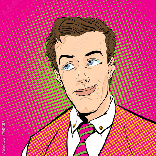 Portrait of surprised man. Surprised businessman. Surprised man. Pop art retro style illustration. People in retro style. Halftone background. Man's face. photo