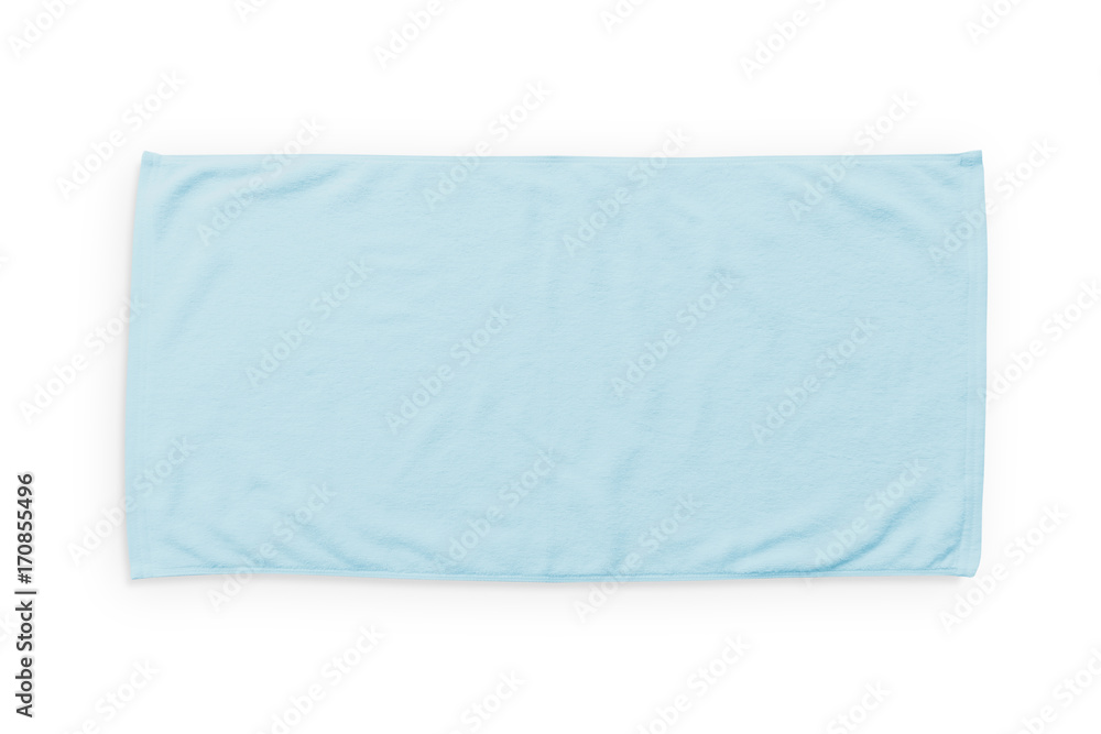 Light blue beach towel mock up isolated on white background, flat lay top view