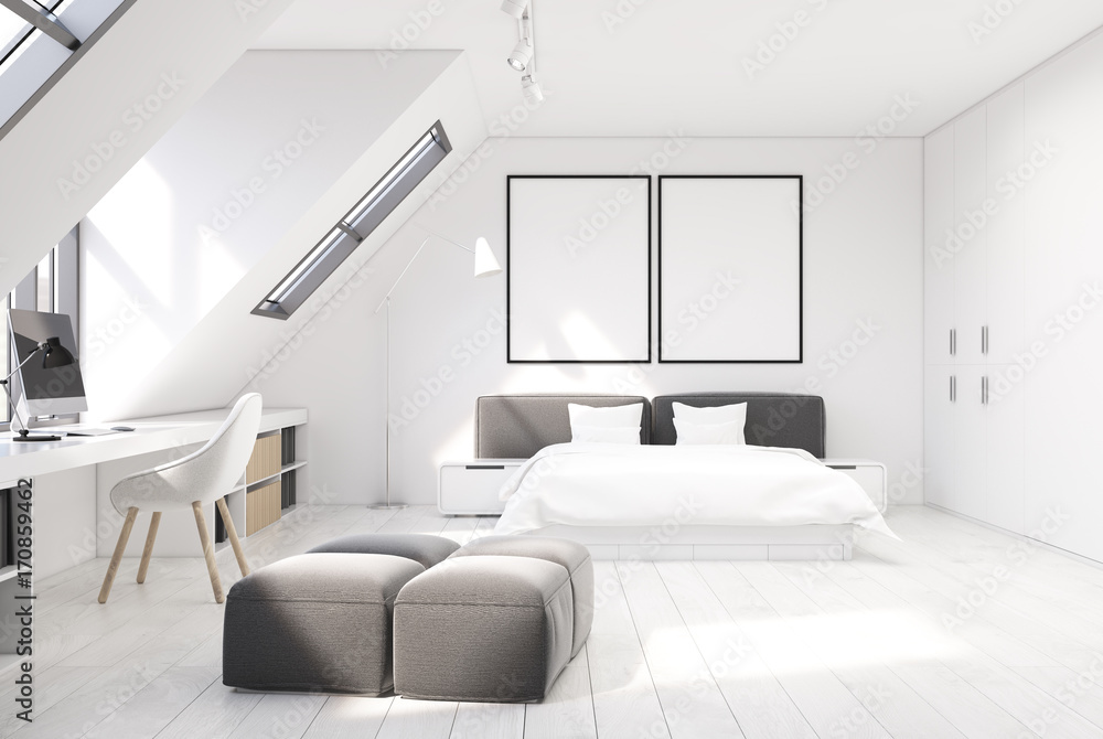 Fototapeta premium White wall bedroom and home office