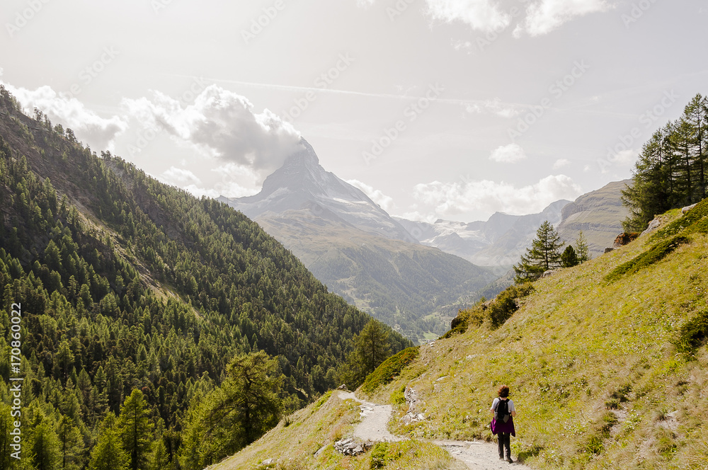 Zermatt, Dorf, Findeln, Sunnegga, Wanderweg, Findelbach, Findelbachschlucht, Wanderer, Alpen, Matterhorn, Wallis, Lärchenwald, Sommer, Schweiz