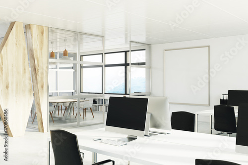 Open space office with a wooden wall, corner