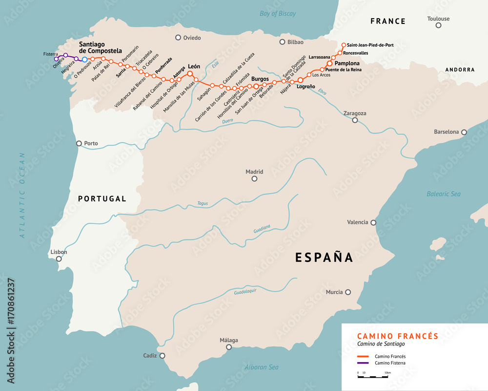 French Way map. Camino De Santiago or The Way of St.James. France. Ancient pilgrimage path to the Santiago de Compostela on the north of Spain.
