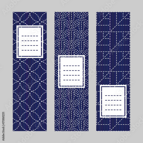 Sashiko banner set. Abstract texture. Traditional Japanese Embroidery Ornament. Set of vertical flyers. Indigo and white colors. Simple design for invitation, postcard or bookmark.