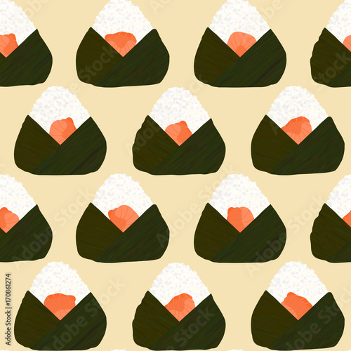 Onigiri seamless pattern. Filled with salmon. Asian snacks wrapped in seaweeds. Pescatarian dish. Sticky rice balls. Japanese cuisine. Illustration. Lunch background.