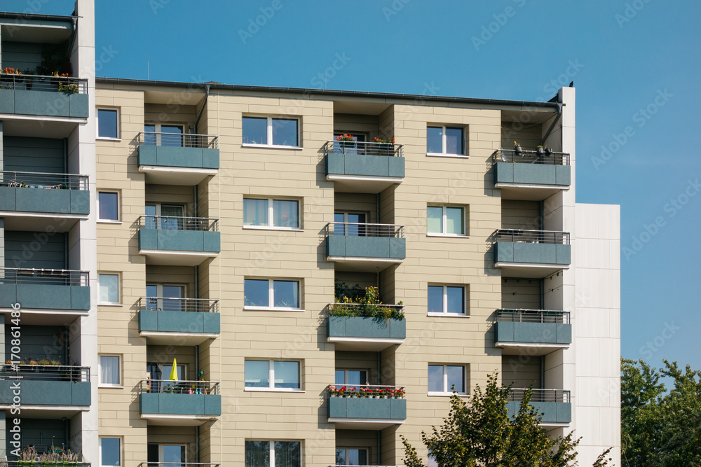 typical low colored plattenbau apartment houses