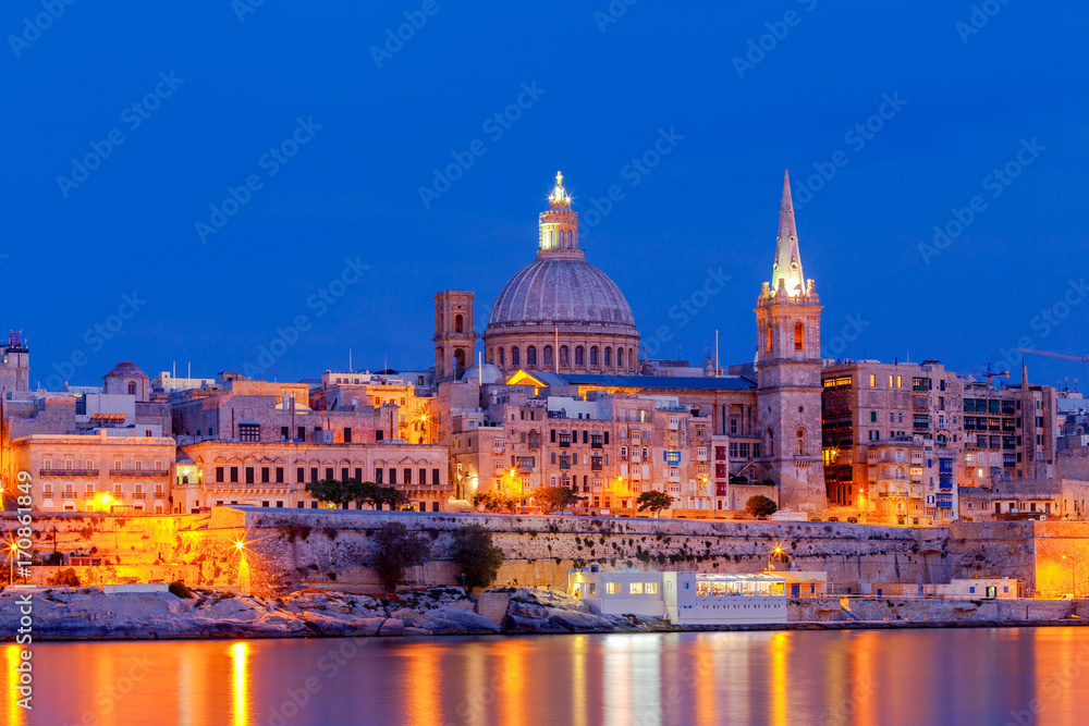 Valletta. Mediterranean harbor at night.