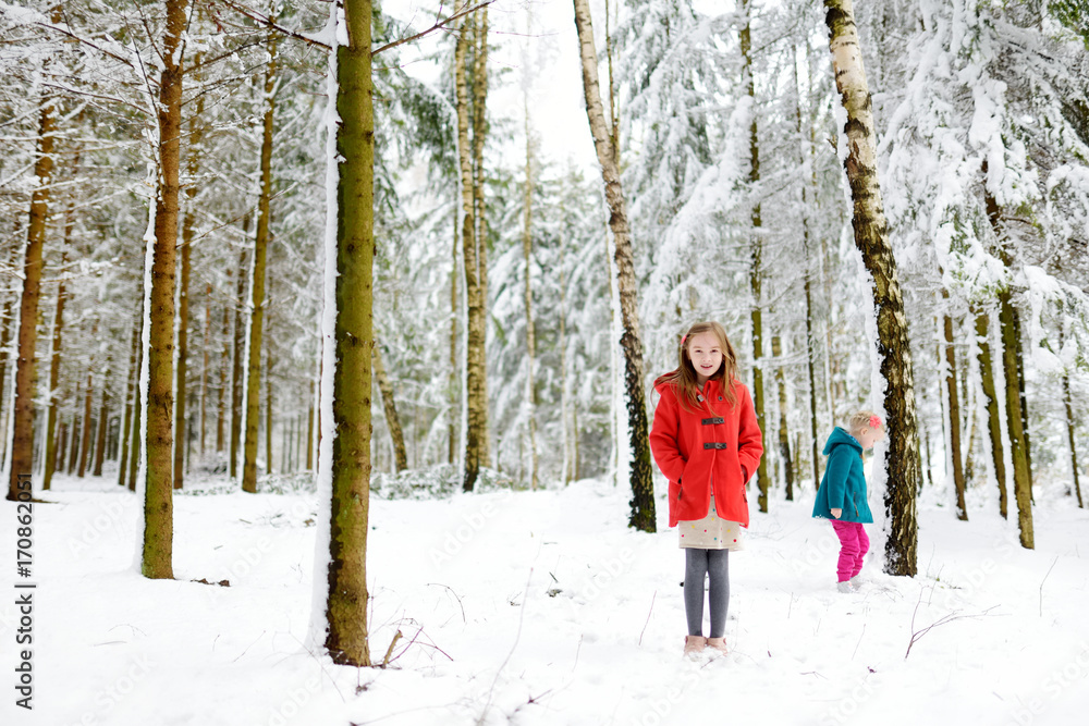 Two adorable little girls having fun together in beautiful winter park. Beautiful sisters playing in a snow.