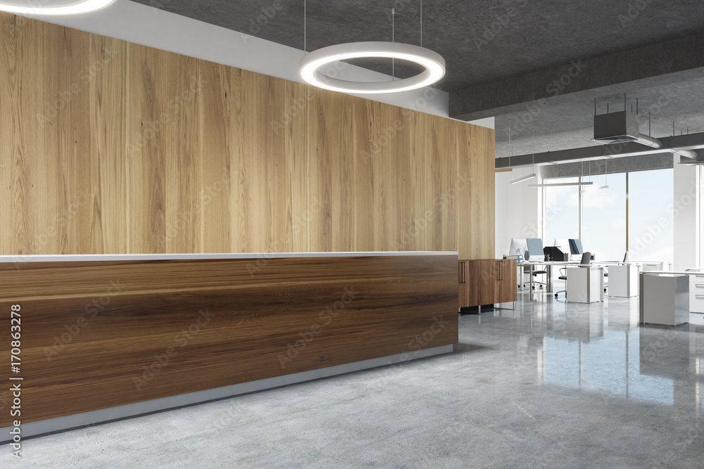Wood reception in round lamp office, side view Wood reception in round lamp office, side view