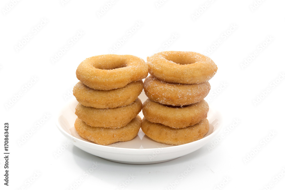Fried Donuts with sugar topping isolated on white Fried Donuts with sugar topping isolated on white