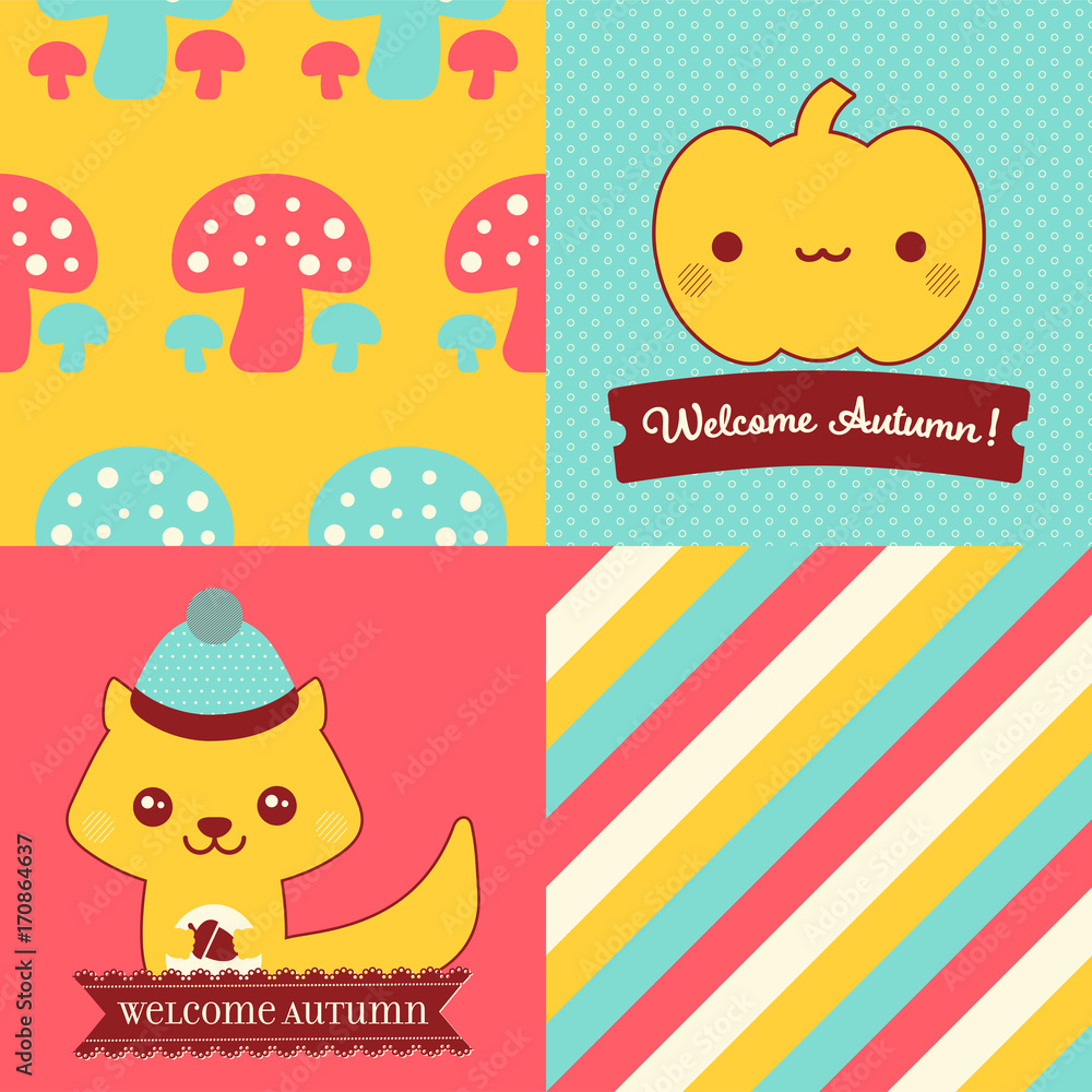 Collection of 2 vector seamless patterns and 2 Fall themed posters, they both read Welcome Autumn. Collection of 2 vector seamless patterns and 2 Fall themed posters, they both read Welcome Autumn.