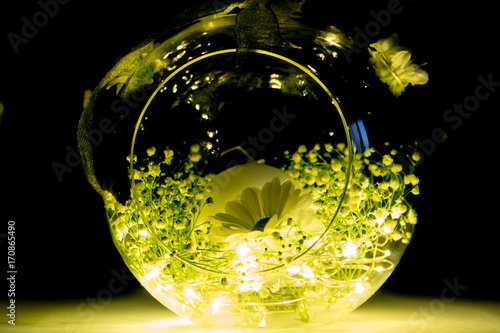 Decorative Glass Bowl with Candle, Lights and Flowers