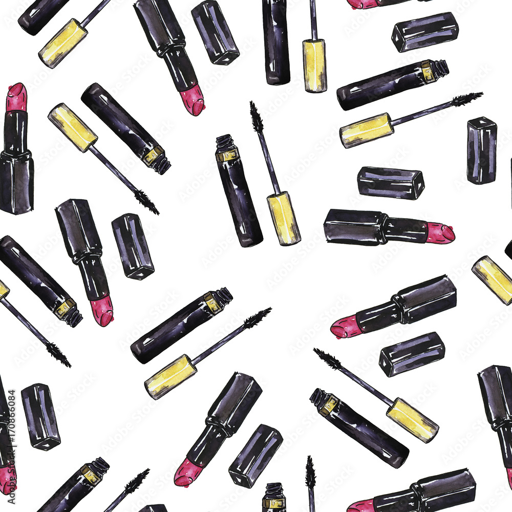 Seamless pattern with pink lipstick and black mascara on white background. Hand drawn watercolor and ink illustration. Seamless pattern with pink lipstick and black mascara on white background. Hand drawn watercolor and ink illustration.