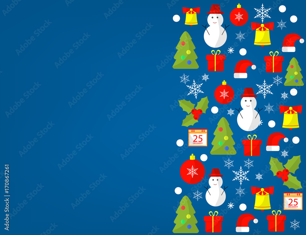 Merry Christmas and Happy New Year flat design background for greeting card, invitation, poster, flyer.