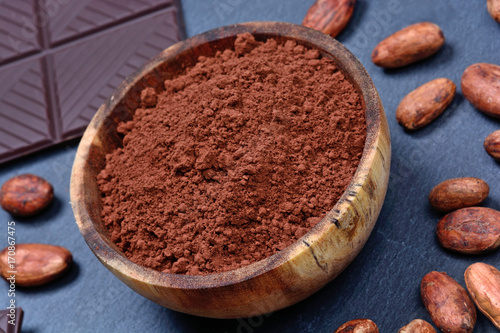 Cacao powder in a bowl with chocolate