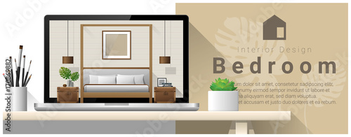 Modern bedroom interior design background , vector , illustration